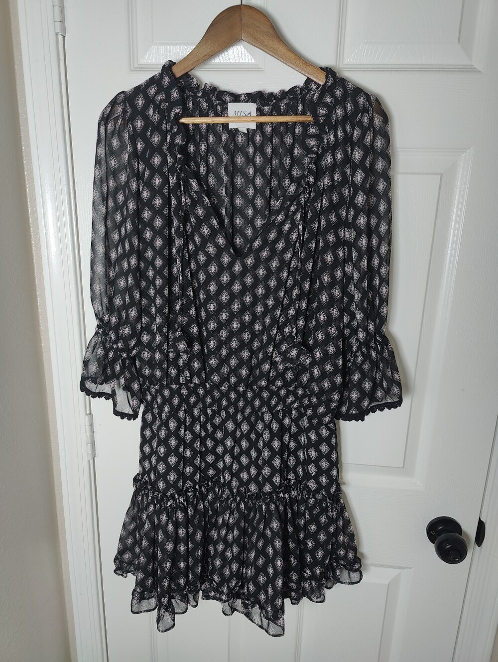 Misa Cerise Black Diamond Tiered Ruffled Flutter Sleeve Dress Size L Made In USA